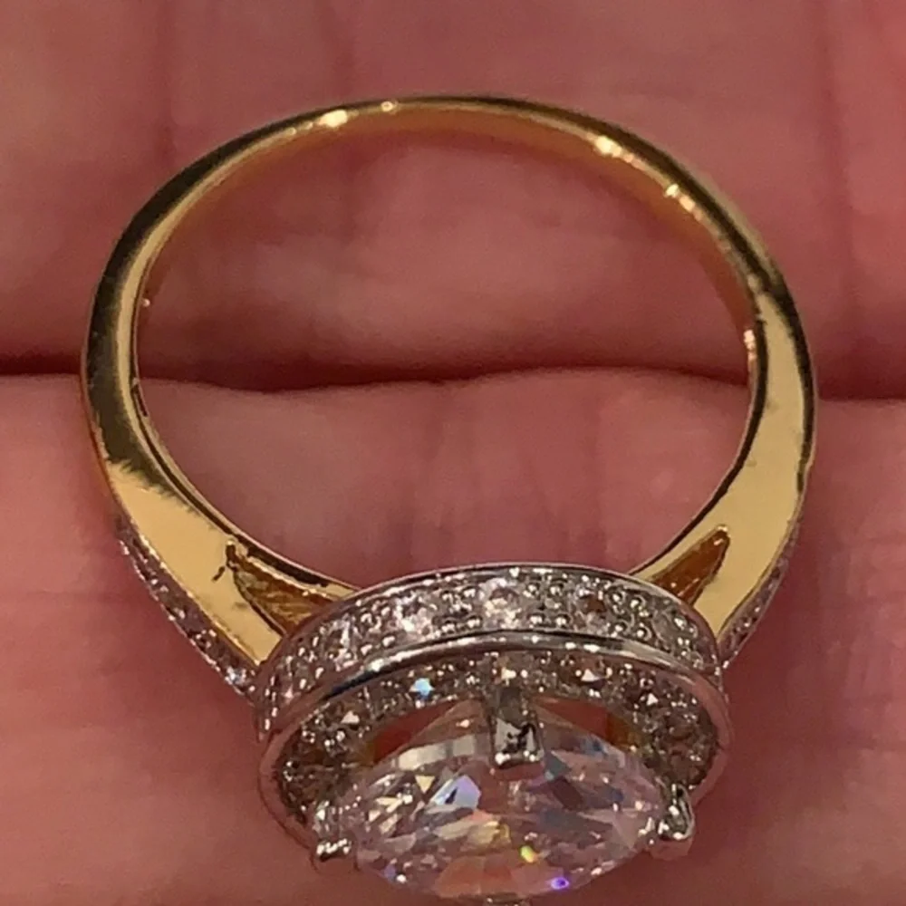 Gold silver tone large faux Diamond solitaire statement cocktail ring